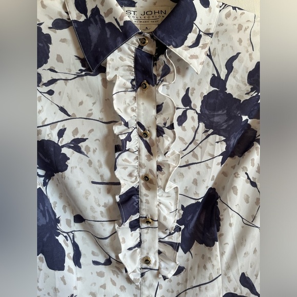 St. John Collection Floral Ruffle Button-Up Blouse w/ shoulder pads - Picture 3 of 10